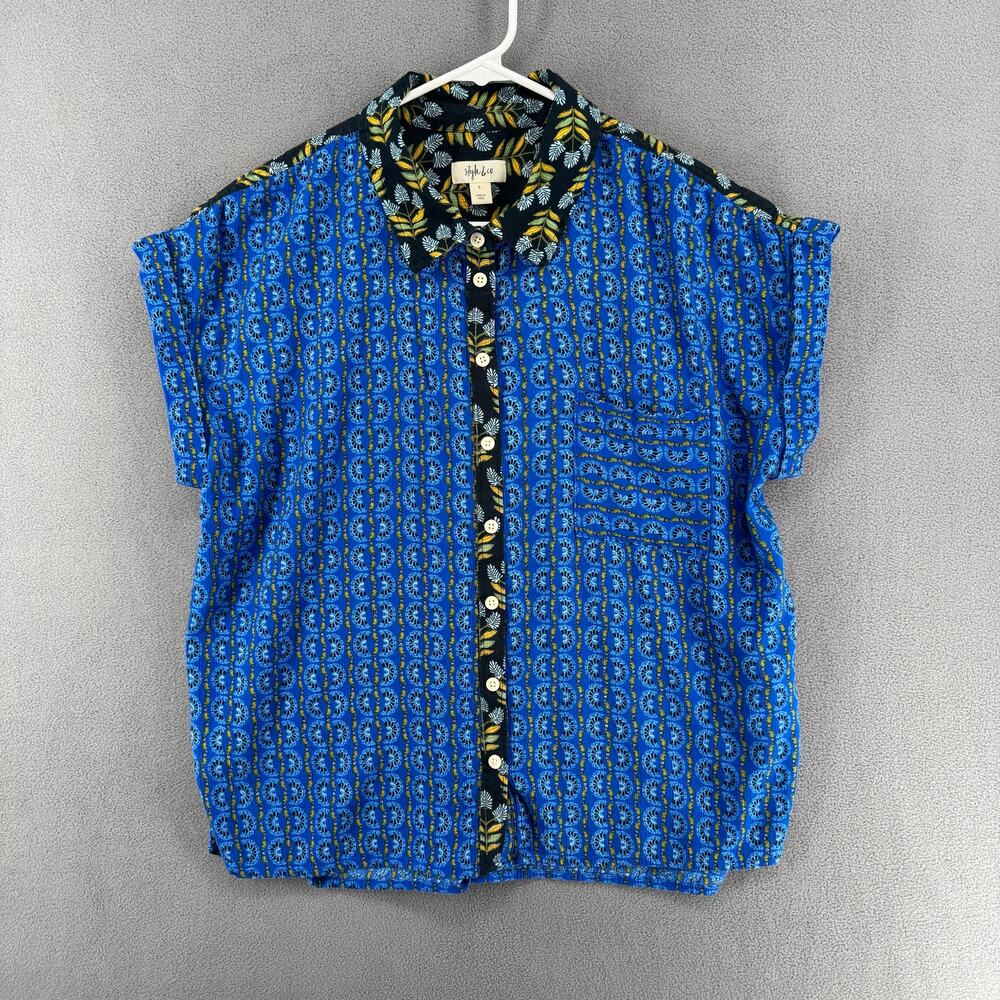 Style Co Bohemian Sleeveless Button Down Shirt Womens L Blue Boho Cotton Viscose